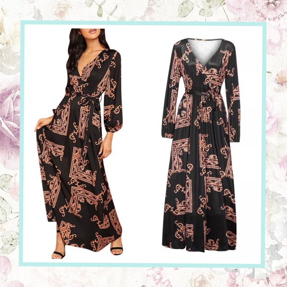 🌺 DRESS PAISLEY DESIGNER BAROQUE LONG SLEEVE MAXI BLACK BROWN FANCY ELEGANT - Picture 1 of 9